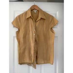 Vintage Cottagecore Linen Short Sleeve Button Down Womens Blouse